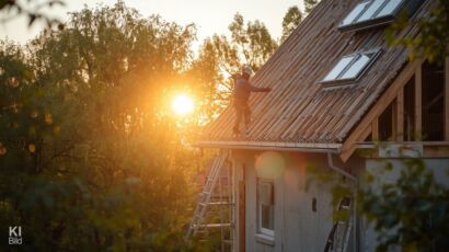 Fachhandwerker bringen Dämmung am Dach und an der Fassade an
