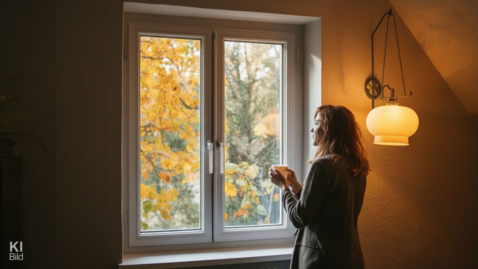Frau steht nach dem Fenstertausch mit Tasse in der Hand vor dem neuen Fenster