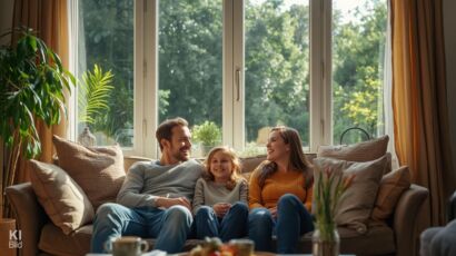 Familie sitzt entspannt auf der Couch, dank Lüftungsanlage bei gesundem und behaglichem Klima