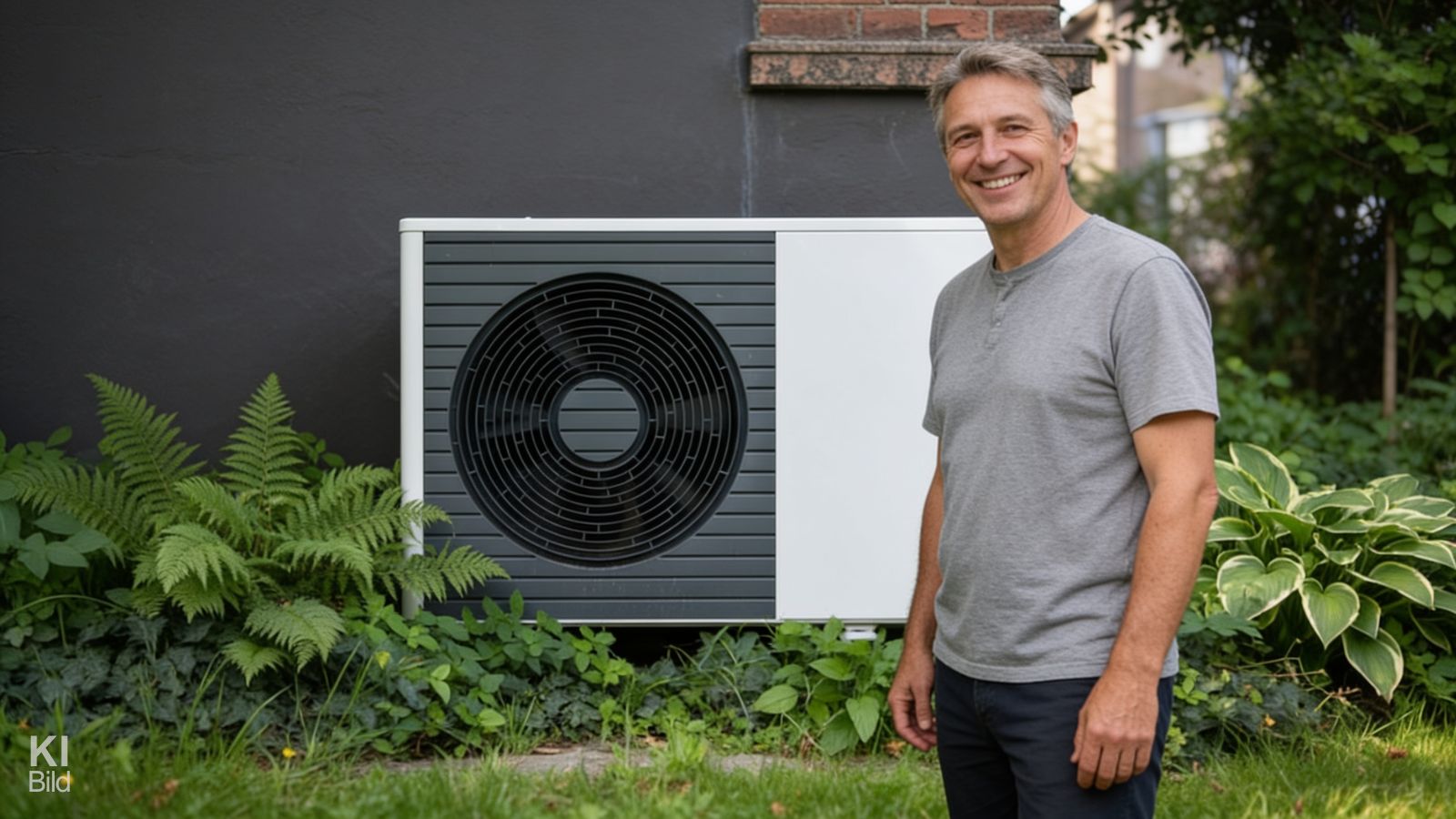 Hausbesitzer präsentiert die neue Wärmepumpe im Altbau